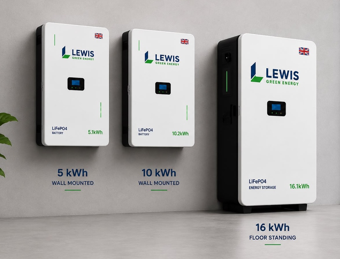 The Lewis TerraVault range – 5 kWh and 10 kWh wall-mounted units alongside a 16 kWh floor-standing cabinet
