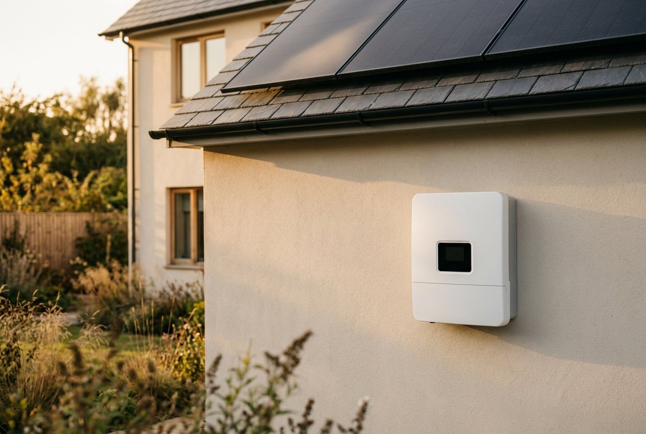 A wall-mounted Lewis inverter on a home with rooftop solar