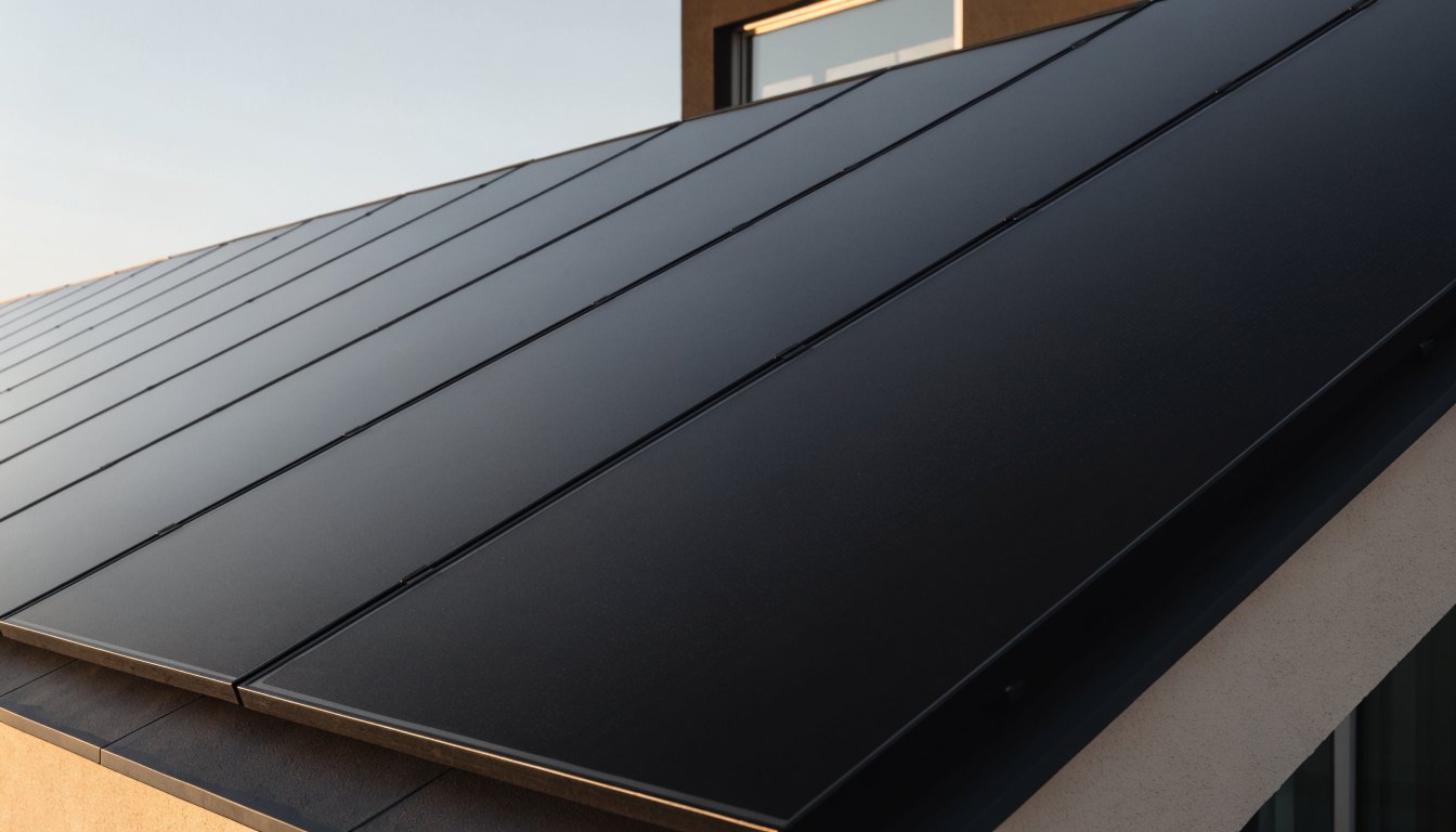SunCrown Black all-black panels on a modern roof, uniformly black with a grid-free front surface