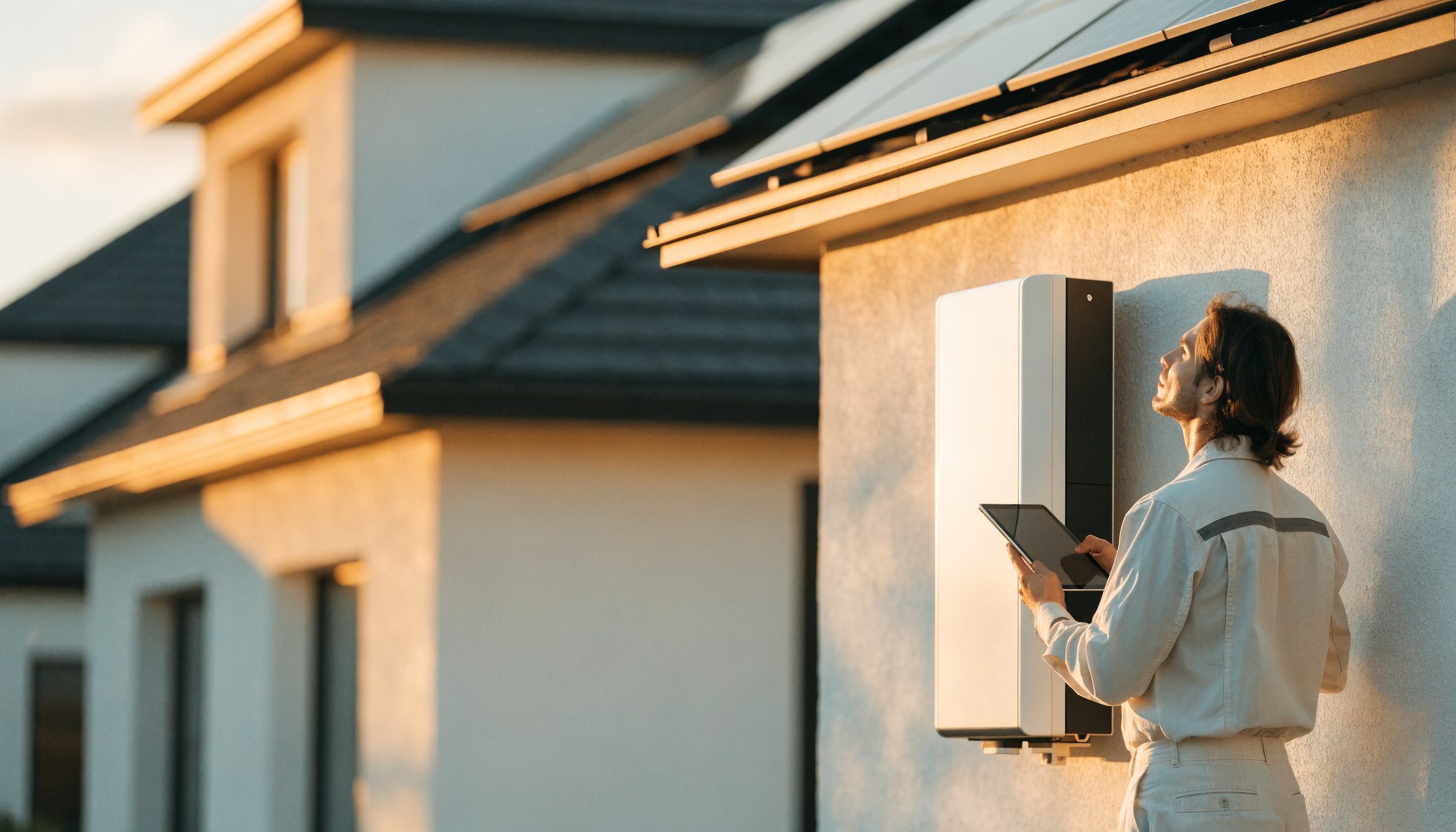 A Lewis Green Energy engineer reviewing a home battery and hybrid inverter system