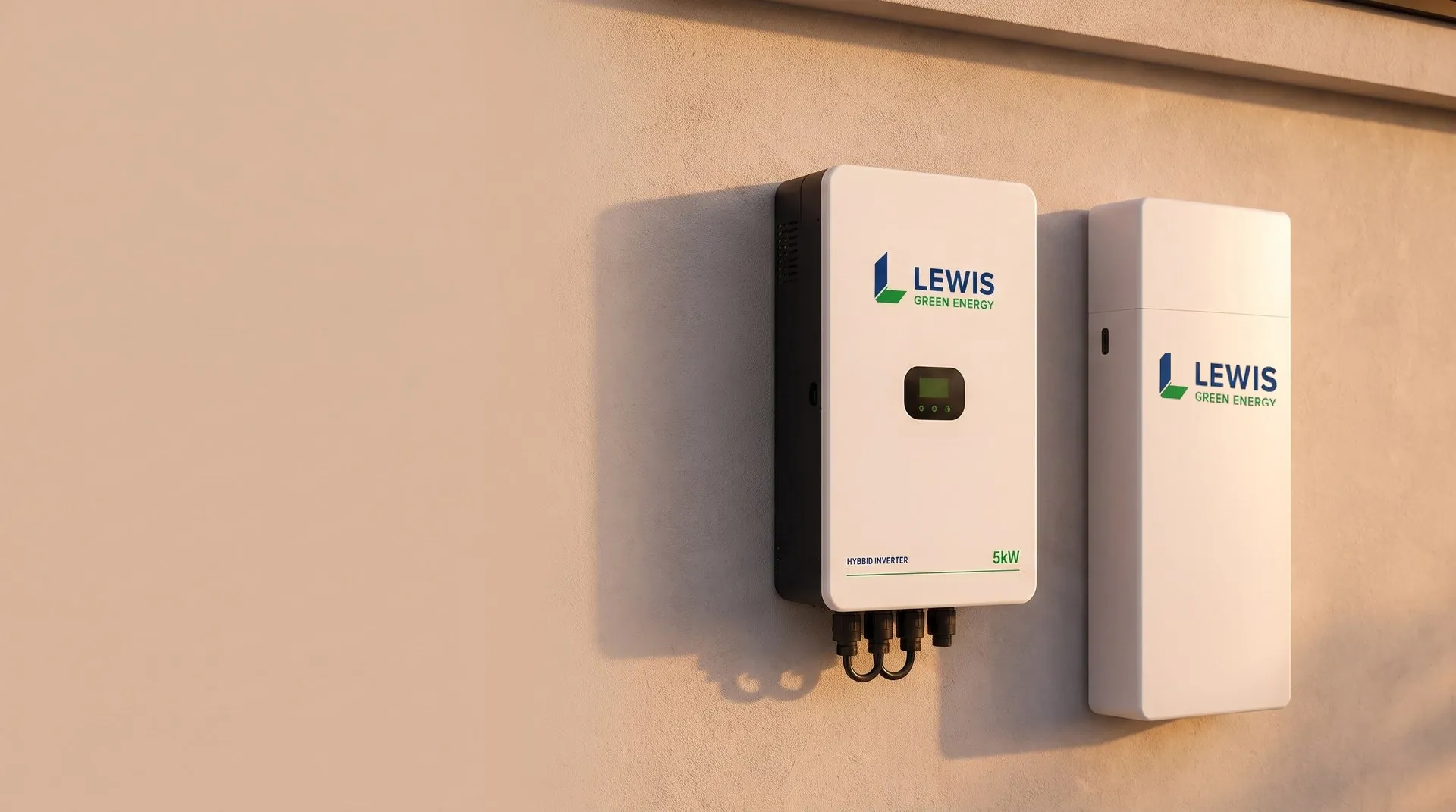 Lewis hybrid inverter and battery mounted on a wall