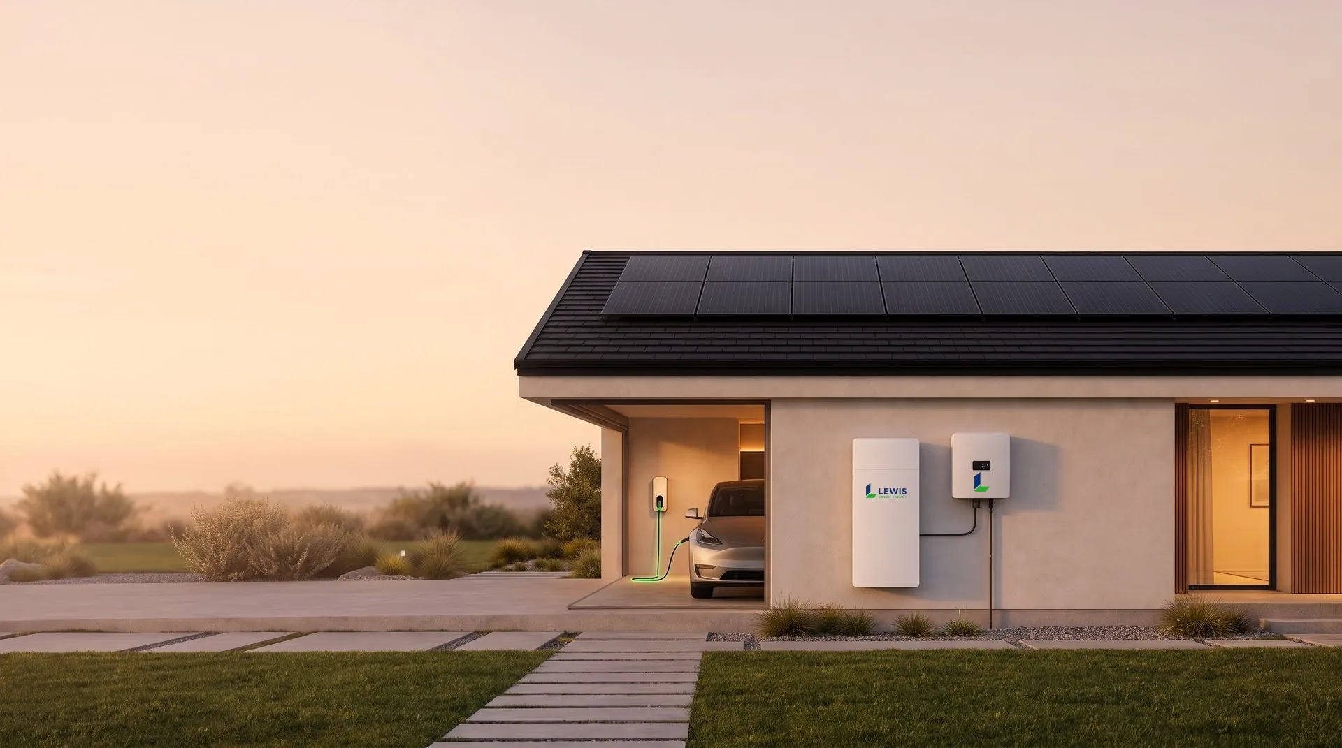 Modern home with rooftop solar panels, a wall-mounted battery and inverter, and an EV charger